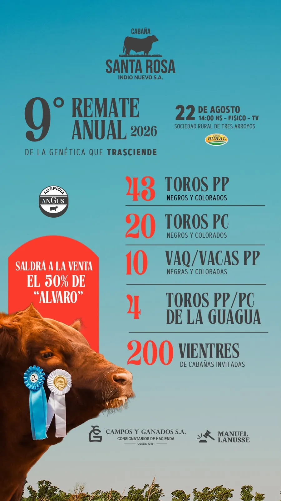 9° Remate Anual 2026 de Cabaña Santa Rosa — 22 de agosto, Sociedad Rural de Tres Arroyos